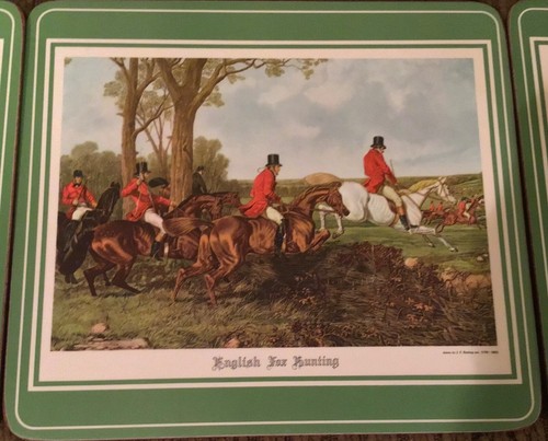 Fox Hunt Hunting Set 6 Cork Back Luncheon Placemats Light Green Rim - Picture 6 of 12