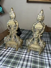 Pair Antique Victory Torch with Laurel Wreaths Shaped Andirons Fire Dogs Ornate