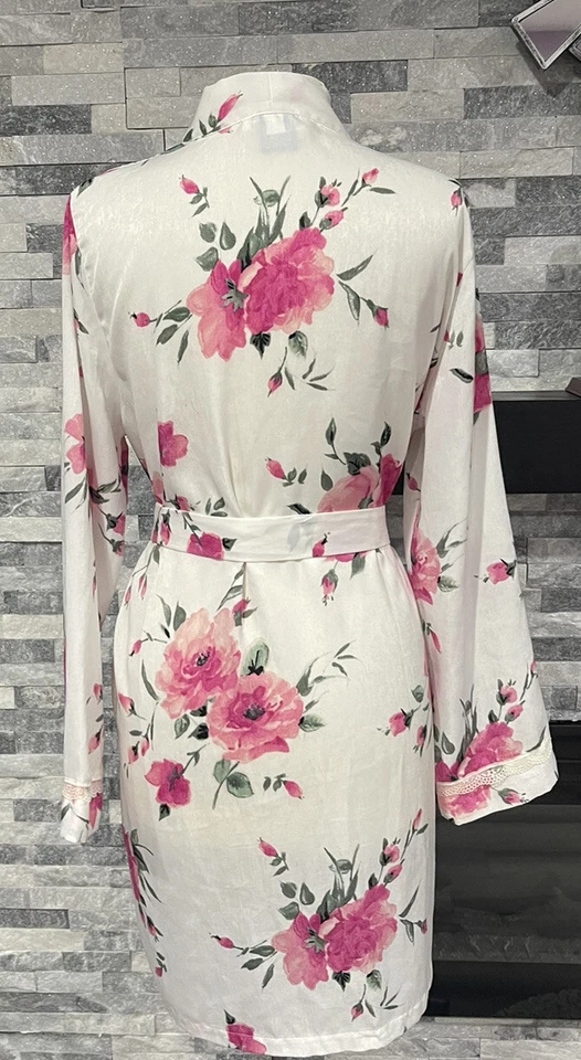 APT 9 Womens Short Kimono Robe Satin White Pink Floral Lace Trim M - Image 2 of 4