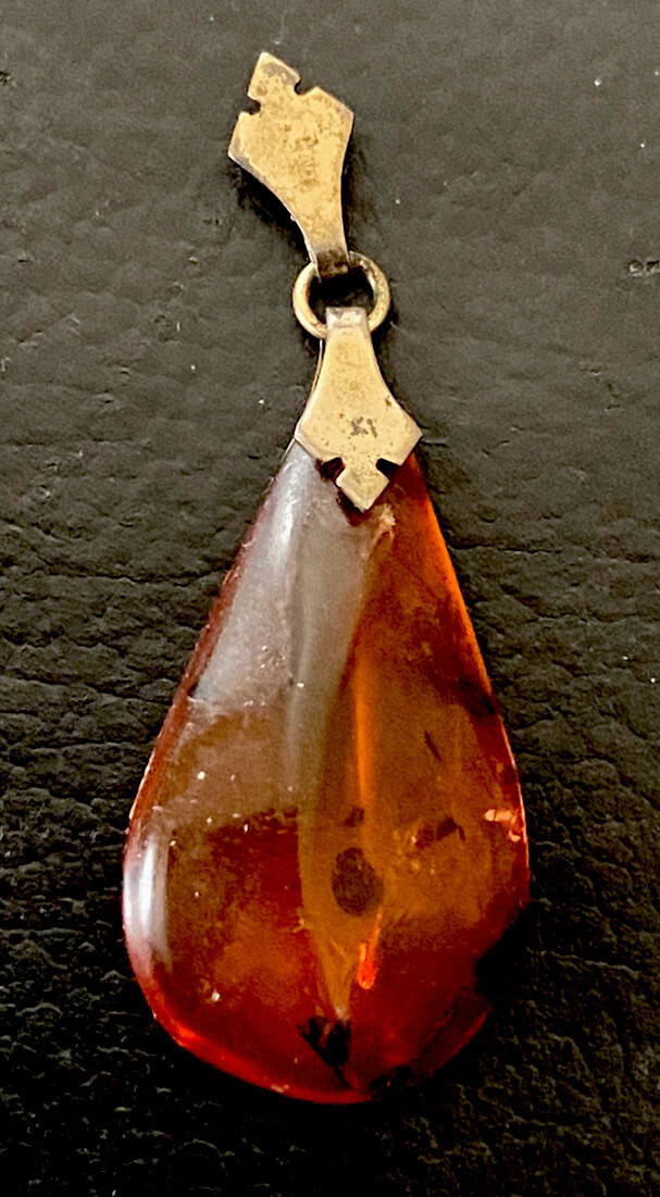 Pendentif Ancien Ambre Et Argent 925 - Chaîne Longue Vintage