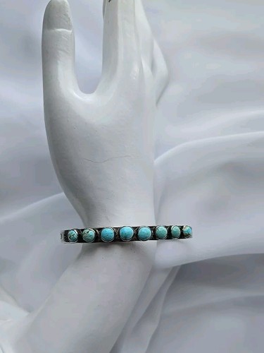 Vintage Turquoise Row Cuff Sterling Silver Flower Symbols Bracelet 6" - Picture 7 of 9