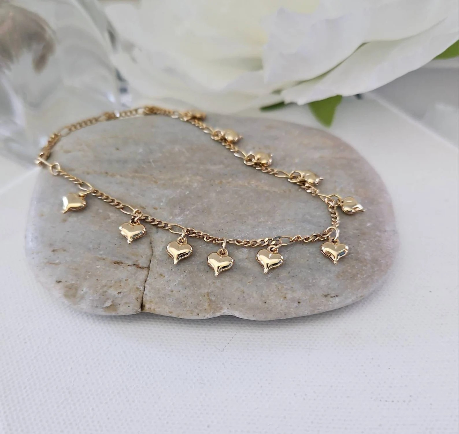 Gold Bracelet, Anklet or Choker, Dangling Hearts, 14k Heavy Plated Gold,