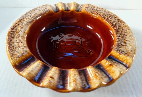 Hull USA Brown Drip Pottery Ashtray. Vintage (1955?) w/ Stag Decoration