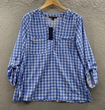 Adrienne Vittadini Blouse Women Small Blue White Black Geometric Roll Tab V Neck