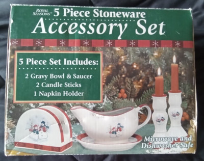 Royal Seasons 5PC Gravy Bowl&Saucer, 2 Candle Sticks, Napkin Holder Snowman