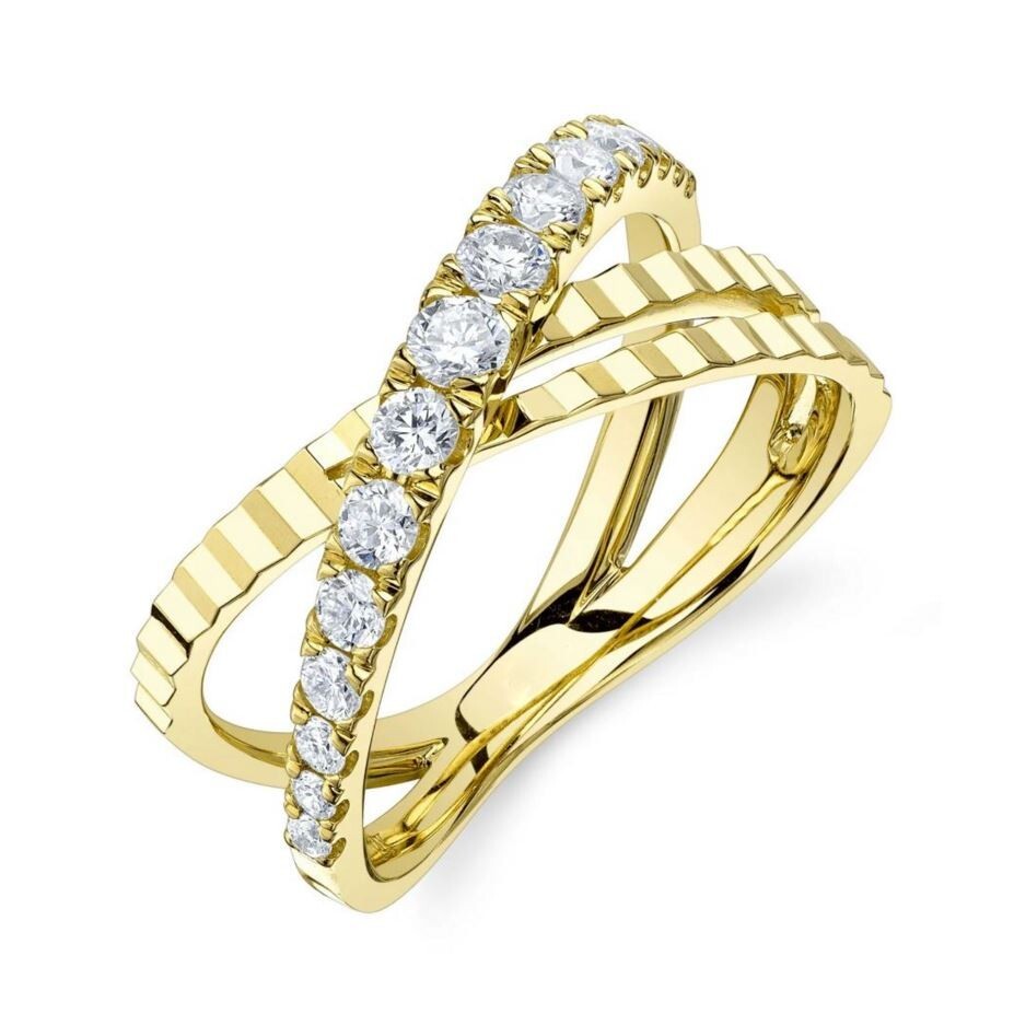 Diamond Crossover X Ring 14K Gold Crisscross Bridge Split Shank Fluted Natural