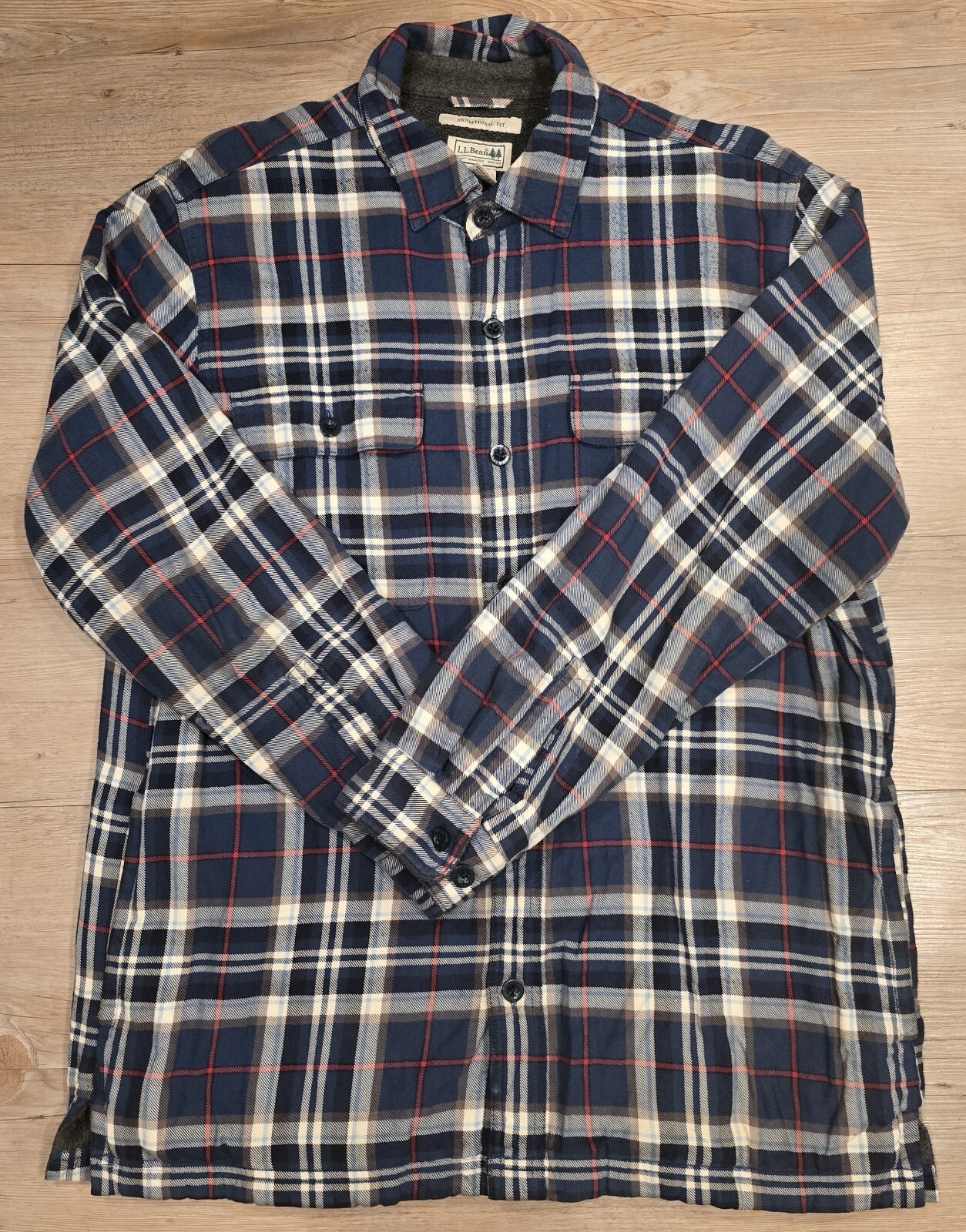 LL Bean Flannel Shacket Shirt Medium Blue White Red Plaid Traditional Loose Fit