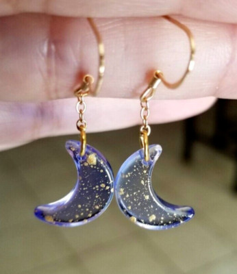 14k Gold Purple Glass Moon Earrings Gold Earrings Crescent Moon Jewelry Boho