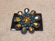 Flower Pin Brooch 2" MCM Blue Aqua & Gold Rhinestone Vintage EUC