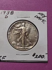 1938-D WALKING LIBERTY HALF DOLLAR. XF CONDITION. LOW MINTAGE. KEY DATE COIN....