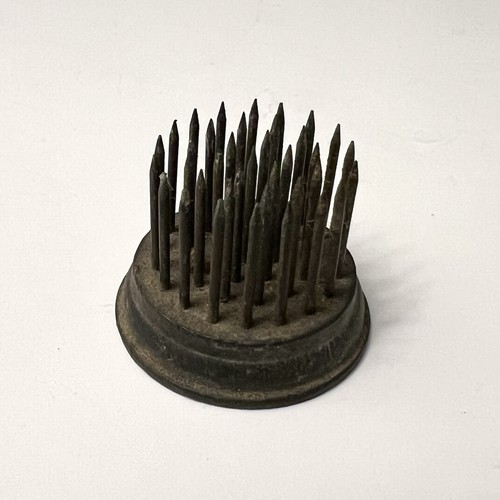 Antique Flower Frog Small 1.25" X 1" Floral Arrangement Metal Spikes Heavy Vtg