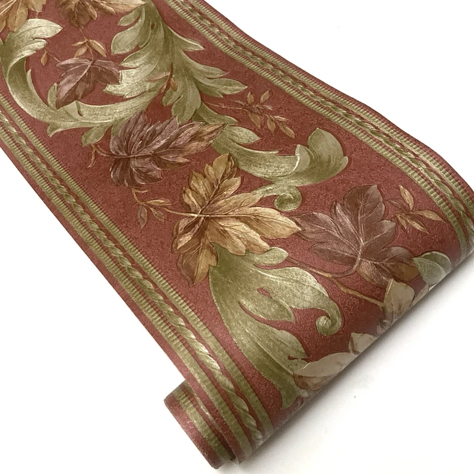 维多利亚红色常春藤叶金色绿色卷轴丝绸缎壁纸边框 5.75 W — 第 3/4 张图片