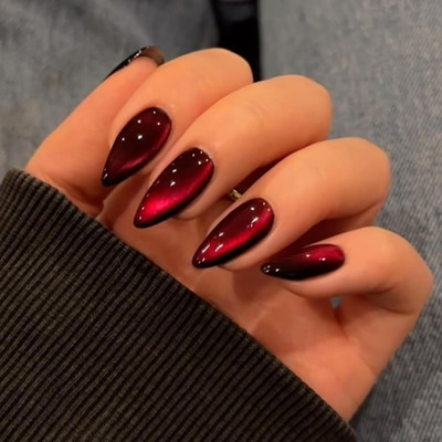 Press on Nails Rot, 24 Stück Dark Red Cat Eye Fake Nails, Glitter Almond Medium,