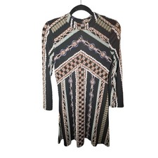 Free People Brown Stella Long Sleeve Mock Neck Geometric Boho Dress Small