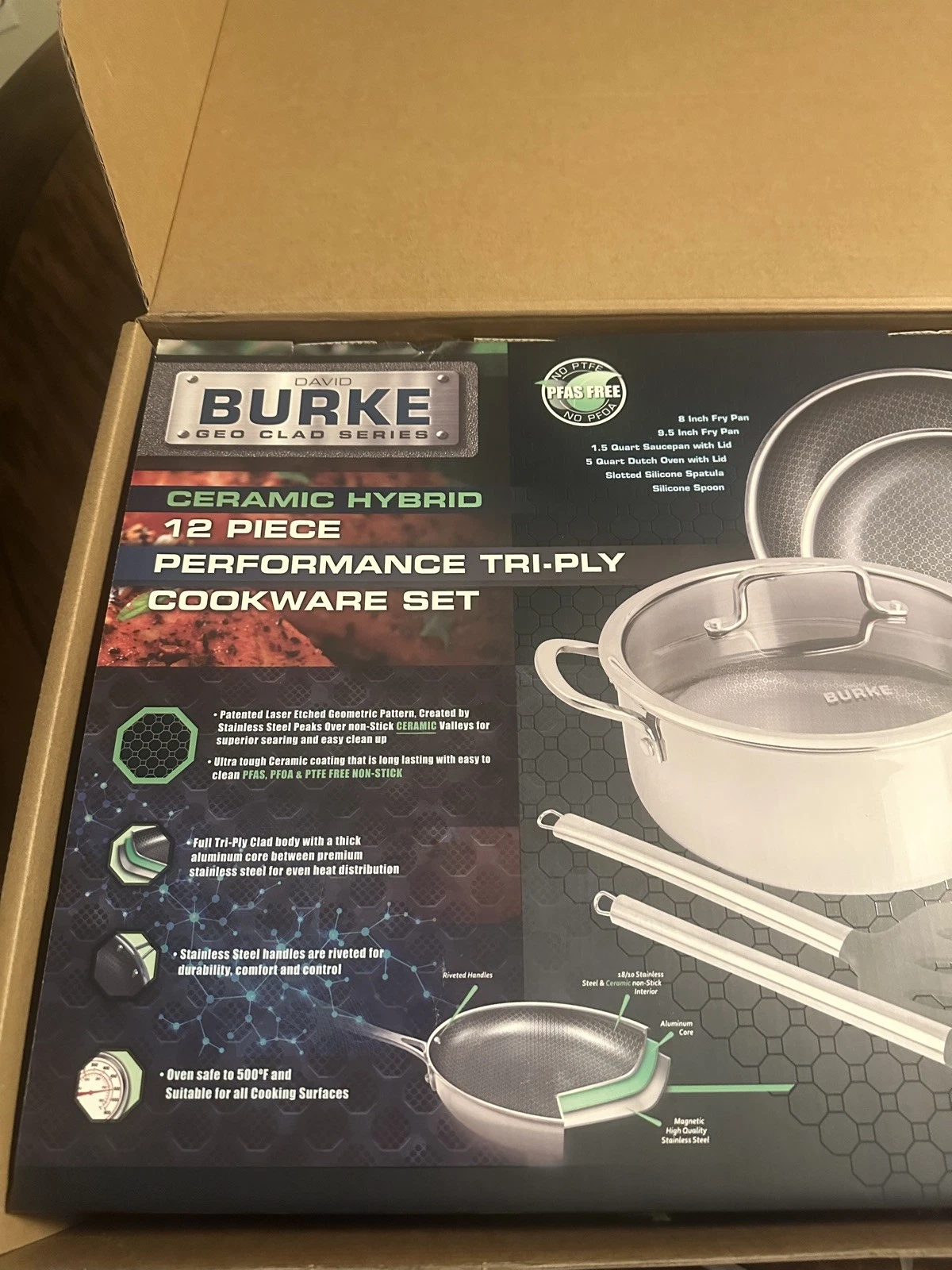David Burke Geo Clad 12pc Nonstick Cookware Set Tri Ply Saucepan Frying Pan