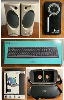 Electronics Lot: Logitech Keyboard K-120, PC Speakers, VR, Camcorder, Pad Case