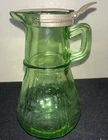 1920's~ ATLAS GREEN GLASS SYRUP PITCHER WITH TOP~URANIUM GLASS~DEPRESSION GLASS