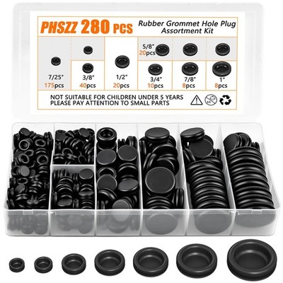 PSHZZ 280 PCS Rubber Grommet Kit, Hole Gaskets 7 Sizes, Black 