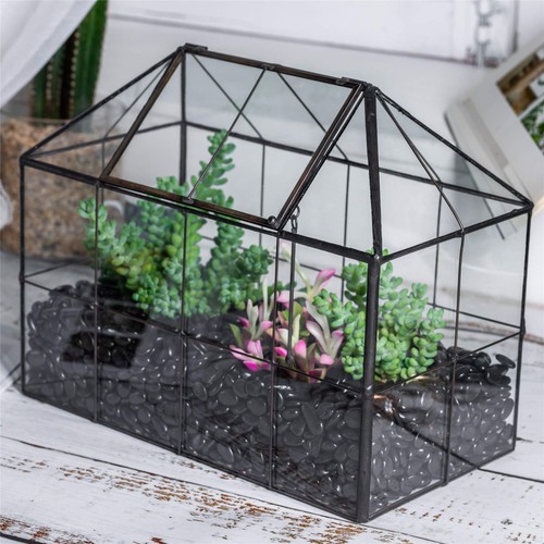 Glass Terrarium Planter with Lid for Small Succulent Cacti, Grid House Shape ... - Picture 2 of 8