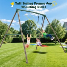600lb Metal Swing Set Heavy Duty 9.5ft Frame Kids Adult with 3 Seats Trapeze Bar