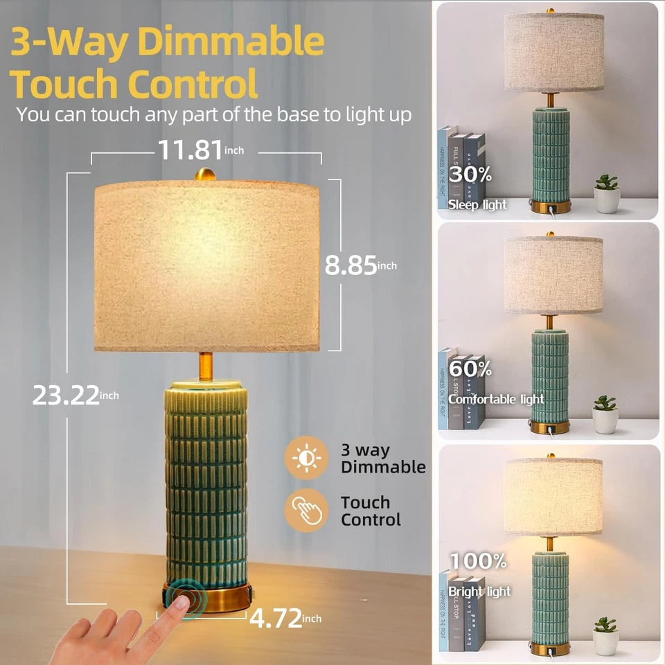 Lámparas de mesa de cerámica verde con puerto USB de carga y toma de corriente, 3 vías regulables a... Foto 2 de 4