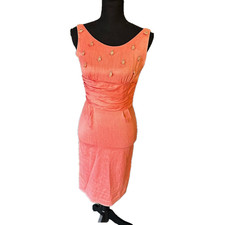 Vintage Jane Hodges Salmon Midi Dress Fitted Retro Chic Elegant Zipper Size S
