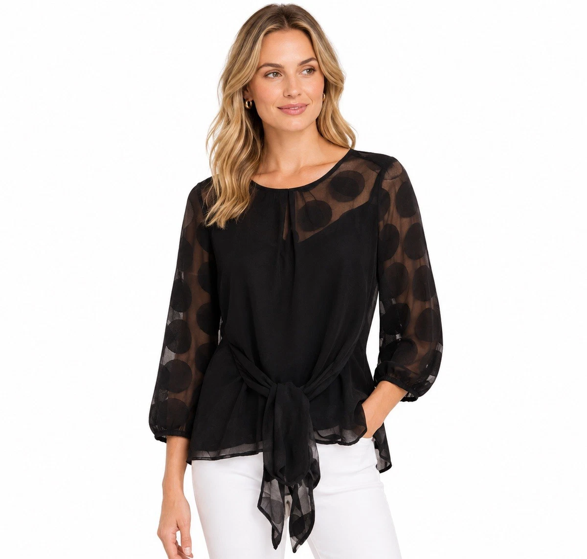 Vero Moda Black Polka Dot Sheer Chiffon Round Neck Button Blouse Size S