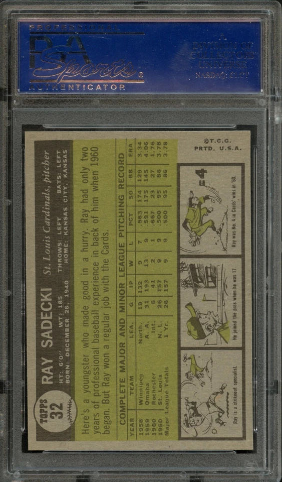 BB - 1961 - Topps - #32 - Ray Sadecki - PSA 8 - NM-MT - Image 2 of 2
