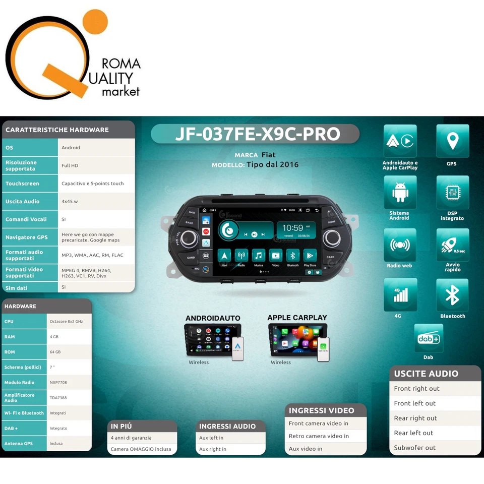 Jfsound JF-037FE-X9C PRO autoradio car tablet 7" fit FIAT Tipo da 2016 Android - Immagine 3 di 4