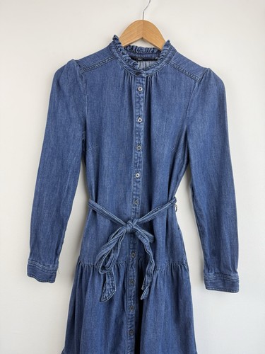 Boden Dress Size 8 Shirt Midi Tiered Denim Blue Ellen Prarie Indigo Long Sleeve - Picture 2 of 8
