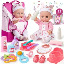 Interactive Baby Doll Set with Backpack Carrier, 12in Doll Toy with Sound, 18...
