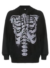 Gothic Skull Print Zip Up Hoodie, Y2K Grunge Punk Style Unisex Sweatshirt Casual