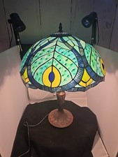 Vintage Tiffany Style 22" Stained Glass Peacock Table Lamp