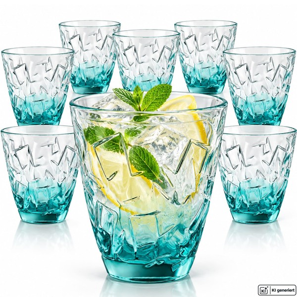 TrinkgläSer 8Er GläSer Set WassergläSer Wasserglas Trinkglas Blau Farbig 295Ml-image