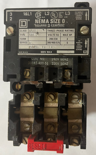 Square D Company 8536 SBG 2 NEMA SIZE 0 Motor Starter 220V 240V Series A
