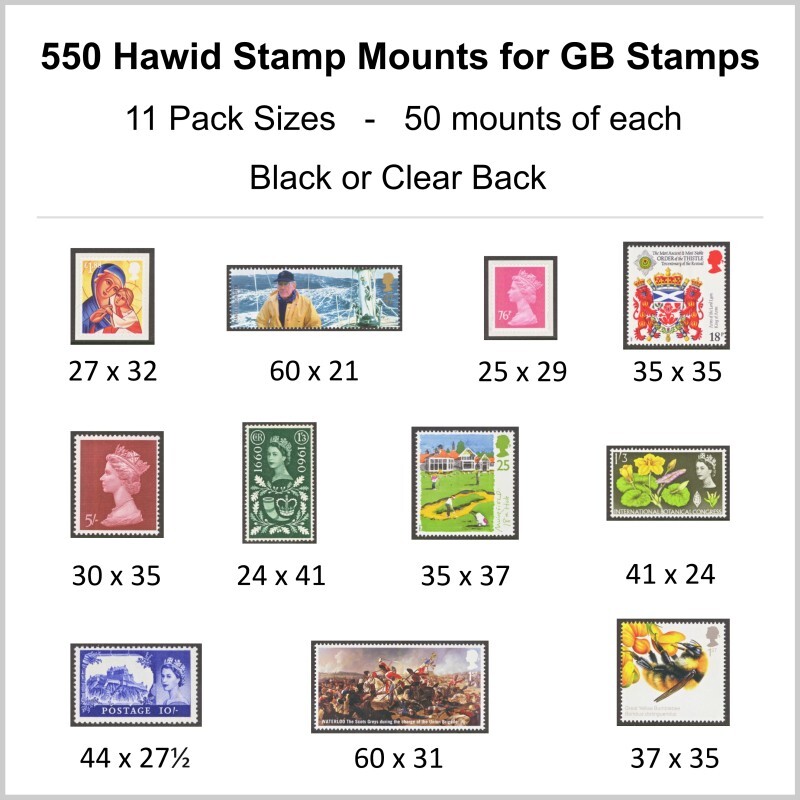 Hawid Stamp Mounts  11 Different Packs of 50 = 550 mounts - SAVE 35%