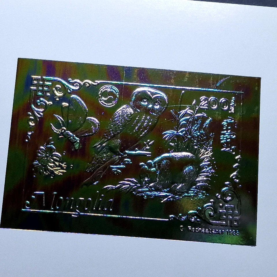 Bloque de estampillas holográficas plateadas Mongolia DELUXE Birds MNH años 90 Foto 3 de 4