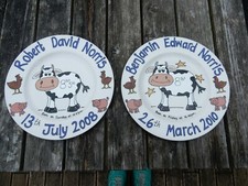 hand painted personalised  baby birth gift plate horse cow sheep farmyard design