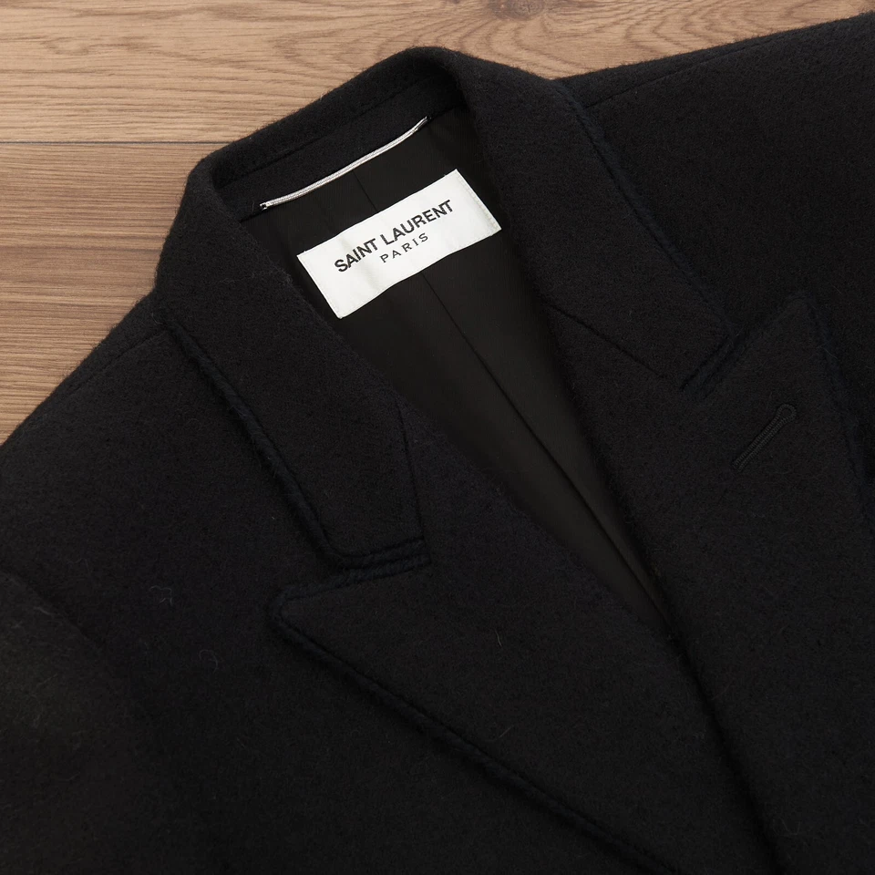 SAINT LAURENT 3290$ Black Double Breasted Wool & Mohair Coat - Slim Fit
