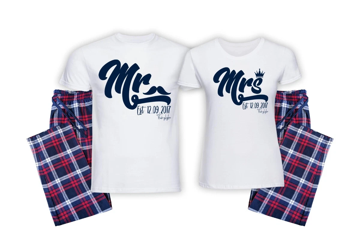 Personalised Mr and Mrs Red Navy Couples His Hers Wedding Tartan Cotton Pyjamas
