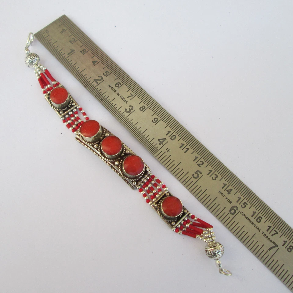 Красный коралловый браслет с тибетским серебром металла ручной работы в Индии и имеет богемный - Изображение 4 из 4
