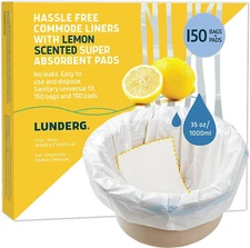 Lunderg Commode Liners with Lemon Scented Absorbent 150 Count (Pack of 1) 