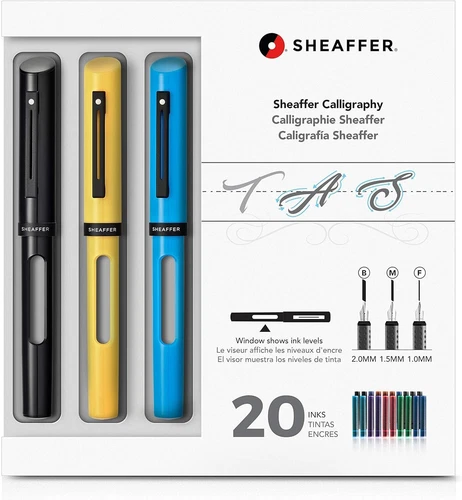 Sheaffer Calligraphy Fountain Pen Kit 3 B M F Size Nibs 20 Ink Cartridges