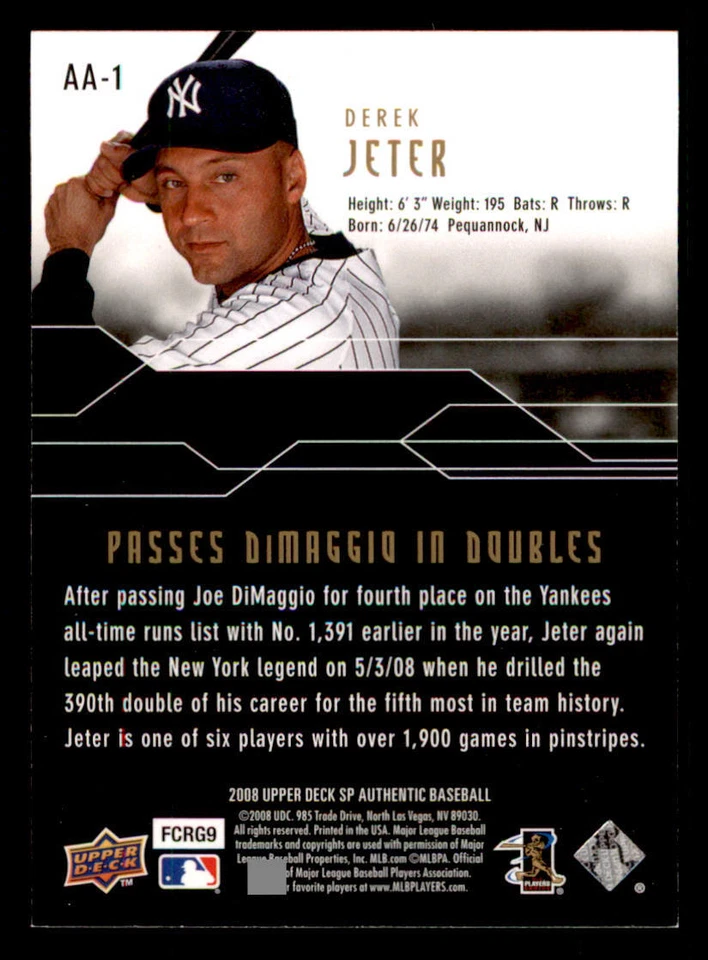 2008 SP Authentic Authentic Achievements #AA1 Derek Jeter - Image 2 of 2