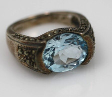 NF 925 Sterling Silver blue topaz marcasite large oval ring sz 6 1/2 missing 1