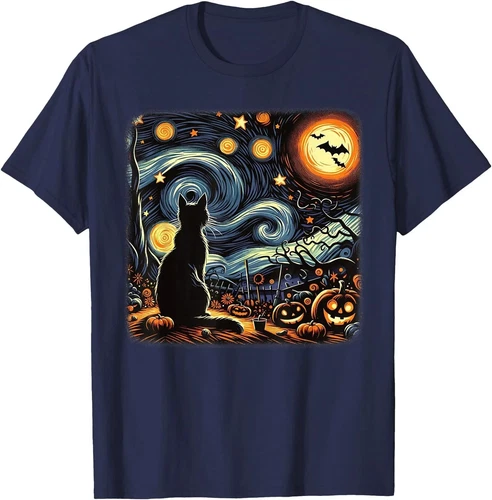 Halloween Black Cat Van Gogh Starry Night Cat Lovers Cat T-Shirt Size S-5XL - product listing photo