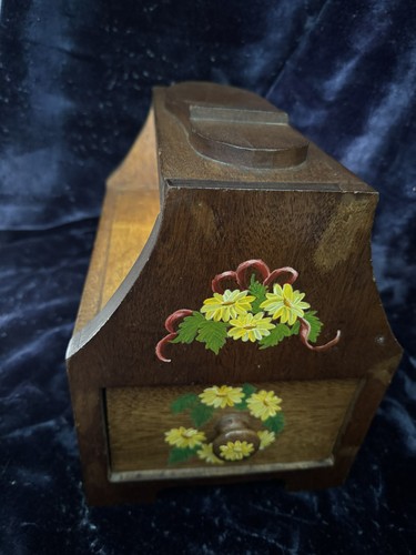 Antique Oak Shoe Shine Box with Hand Painted Floral Detail On From Drawer