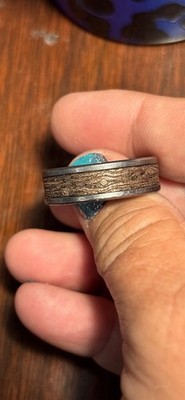 14k Yellow Gold Wood Pattern Center & Grey Tantalum Men's Ring, 8mm