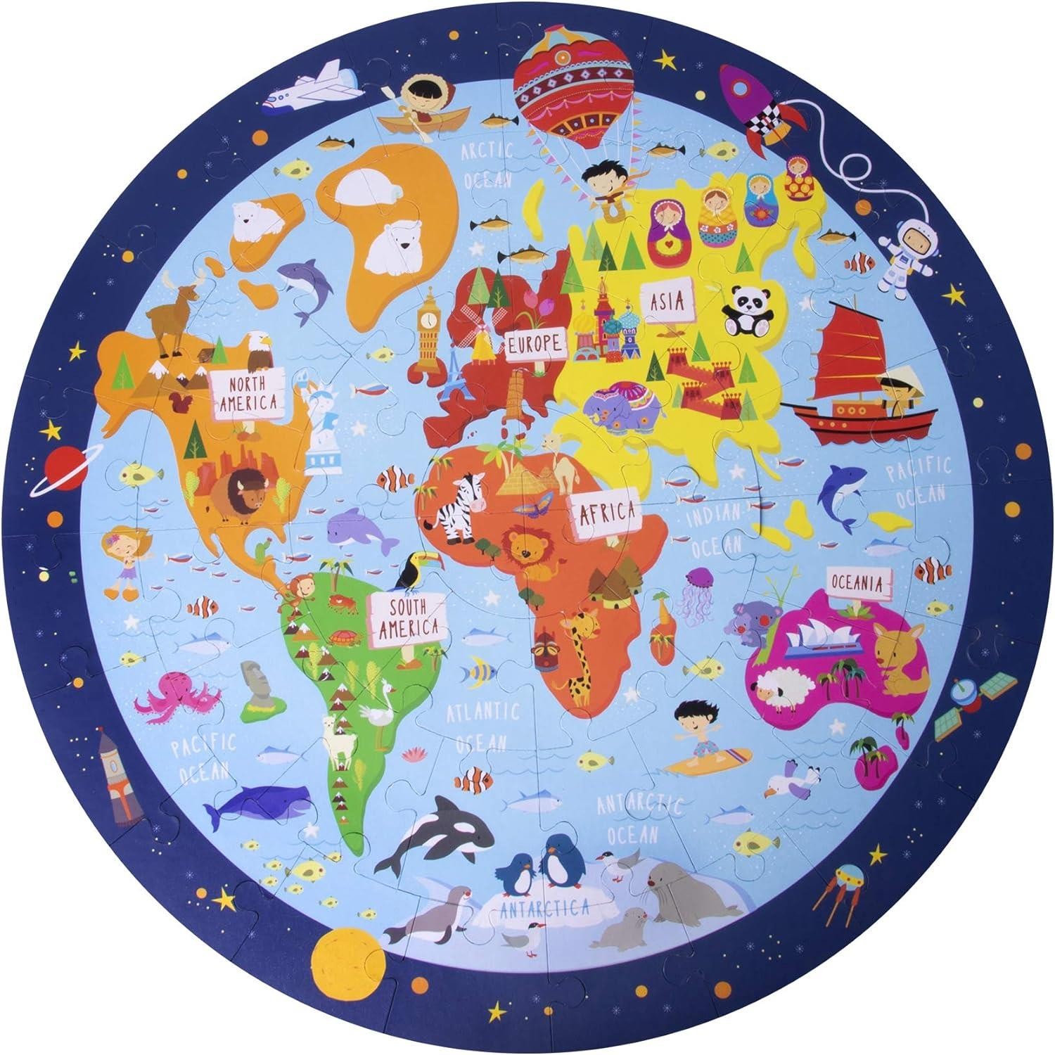 Puzzle circulaire 48 pièces carte du monde Apli en carton robuste