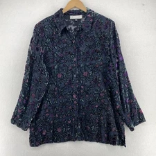 TRAVIS AYERS Top 16 Floral Velvet Burnout Sheer Tunic Shirt Button Up Blue VTG